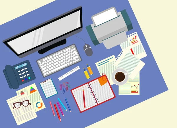 Escritorio. Oficina. Organización realista del lugar de trabajo. La vista desde arriba. Ilustración de stock vectorial . — Vector de stock