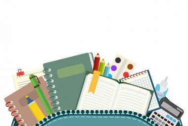 Okul. El çantası ve okul malzemeleri. Simgeler kümesi. Vektör çizim.