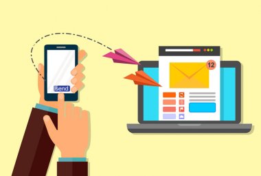 E-posta pazarlama. Bir e-posta için dizüstü telefonunuzdan gönderin. El ile belgili tanımlık telefon.