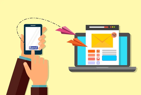 电子邮件营销。从手机发送电子邮件到笔记本电脑。用电话的手. — 图库矢量图片