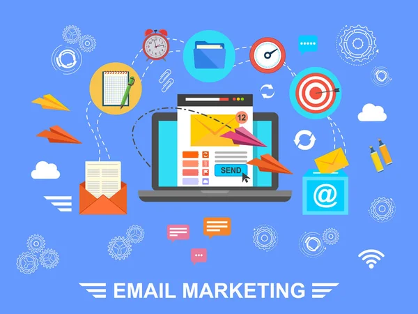 E-mail marketing. E-mail. Scambio di informazioni via e-mail . — Vettoriale Stock