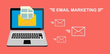 E-posta, e-pazarlama, Internet reklamcılığı. Bir zarf ve bir belge üstünde belgili tanımlık perde ile dizüstü bilgisayar. Vektör hisse senedi illüstrasyon düz stil.