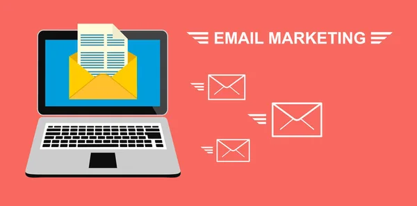 E-mail, e-marketing, pubblicità su Internet. Laptop con una busta e un documento sullo schermo. Vettore stock illustrazione stile piatto . — Vettoriale Stock