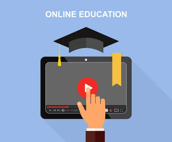 Online εκπαίδευση. Έννοια. Φορητός υπολογιστής. Προβολή βίντεο μαθήματα. — Διανυσματικό Αρχείο