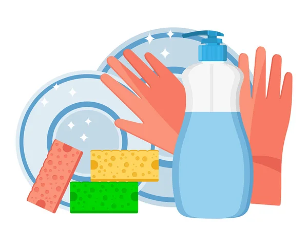 Lavavajillas. Frasco de plástico con detergente lavavajillas, esponjas de cocina y guantes de limpieza. Diseño plano. Ilustración vectorial Vector De Stock