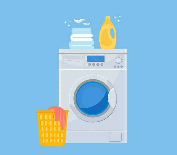 Çamaşır odası vektör çizimi, keten sepetli düz çizgi film çamaşır makinesi ve deterjan. — Stok Vektör
