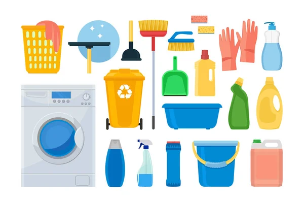 Limpieza. iconos. Lavadora, detergentes y productos de limpieza para limpiar la casa. Ilustración vectorial aislada sobre fondo blanco — Vector de stock