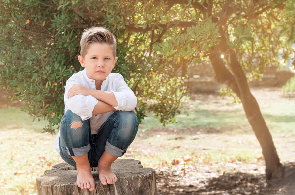 Kluk 8 let sedí na pahýl stromu za slunečného letního dne. — Stock fotografie