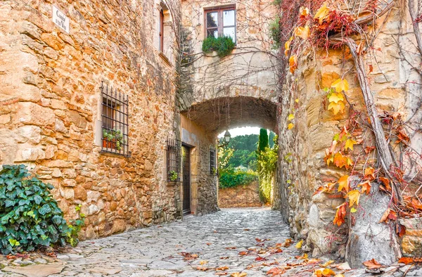 Bir sokak Peratallada, Catalonia, İspanya'nın eski şehir. Avrupa'nın mediaval kasabasında Ortaçağ Caddesi. Panoramic görüntülemek eski kasaba güzel akşam günbatımında ışık. 