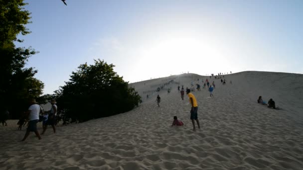 Personas y turistas en la duna de arena más alta — Vídeo de stock