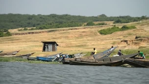 Fishing boats on the bank of the Kazinga chanel — Stock Video