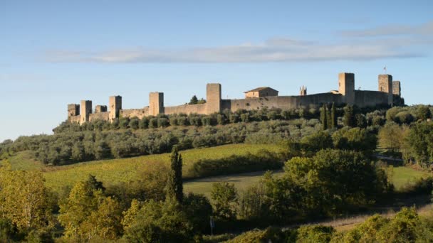 Αμπελώνες και το κάστρο της Monteriggioni στην Ιταλία — Αρχείο Βίντεο