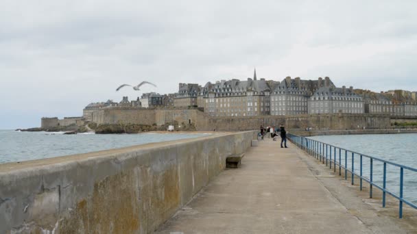 Δείτε πέρα από την περιτειχισμένη πόλη Saint-Malo από mole — Αρχείο Βίντεο