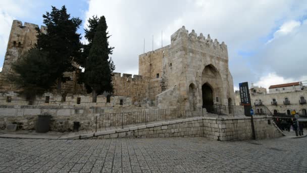 Cena de rua com entrada para a Torre de Davi em Jerusalém — Vídeo de Stock