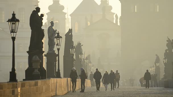 Туристы на Карловом мосту в Праге — стоковое видео