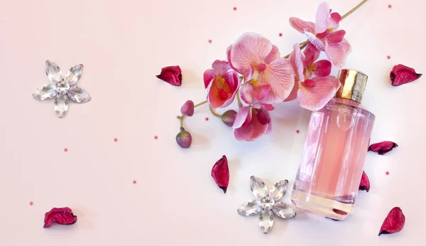 Frasco de perfume de mujer sobre fondo rosa — Foto de Stock