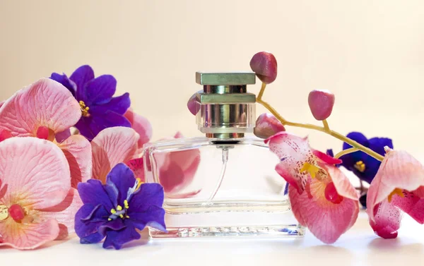 Fles van vrouwen parfum op een roze achtergrond — Stockfoto