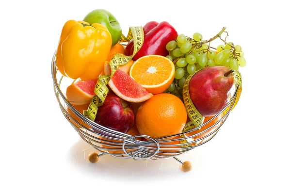 Tasty summer fruits in backet isolated on white — Stock Photo, Image