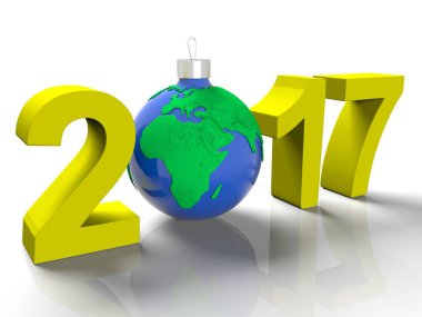 Noel ağacı, beyaz arka planda, 3d render planet Earth, form için bir oyuncak gibi yere görüntü ile 2017 rakamlar