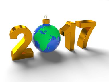 Noel ağacı, beyaz arka planda, 3d render planet Earth, form için bir oyuncak gibi yere görüntü ile 2017 rakamlar