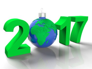 Noel ağacı, beyaz arka planda, 3d render planet Earth, form için bir oyuncak gibi yere görüntü ile 2017 rakamlar