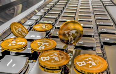 Bitcoin fiziksel para sembolü klavye, 3d çizim