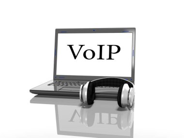 Laptop VoIP ekran ve kulaklık üzerinde bir yazıt ile bir beyaz arka plan 3d render