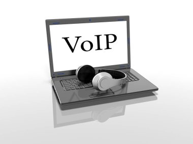 Laptop VoIP ekran ve kulaklık üzerinde bir yazıt ile bir beyaz arka plan 3d render
