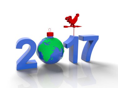 Noel ağacı, beyaz arka planda, 3d render planet Earth, form için bir oyuncak gibi yere görüntü ile 2017 rakamlar