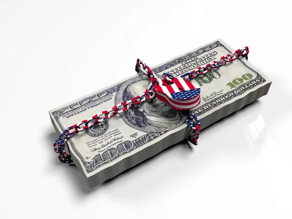 Pacchetto di dollari rinchiuso con i colori della bandiera americana, come il concetto la protezione la politica la moneta nazionale, rendering 3d, isolato su sfondo bianco — Foto Stock