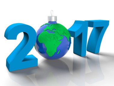 Noel ağacı, beyaz arka planda, 3d render planet Earth, form için bir oyuncak gibi yere görüntü ile 2017 rakamlar