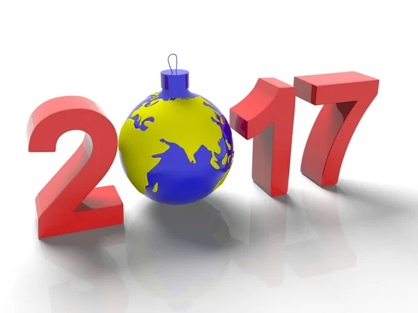 The figures in 2017, with the image of the ground like a toy for  Christmas tree, in the form  the planet Earth, on  white background, 3d render — Stock Photo, Image