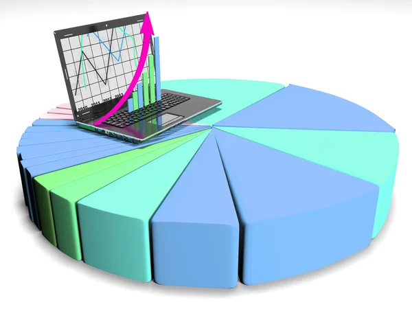 Laptop com negócios ou lucros gráfico de barras de crescimento, renderização 3d — Fotografia de Stock