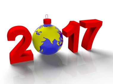 Noel ağacı, beyaz arka planda, 3d render planet Earth, form için bir oyuncak gibi yere görüntü ile 2017 rakamlar