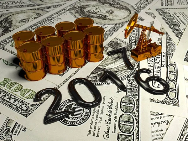 Złoty Pumpjack i rozlany olej na pieniądze. renderowania 3D — Zdjęcie stockowe