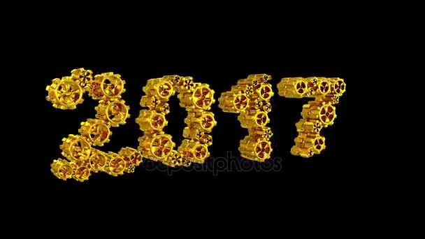 2017 χαρακτήρες που αποτελείται από ένα χρυσό περιστρεφόμενο γρανάζια δικτυώματος με τετράγωνα μάτια, βίντεο βρόχο σε 3,11 δευτερόλεπτα με κανάλια άλφα — Αρχείο Βίντεο