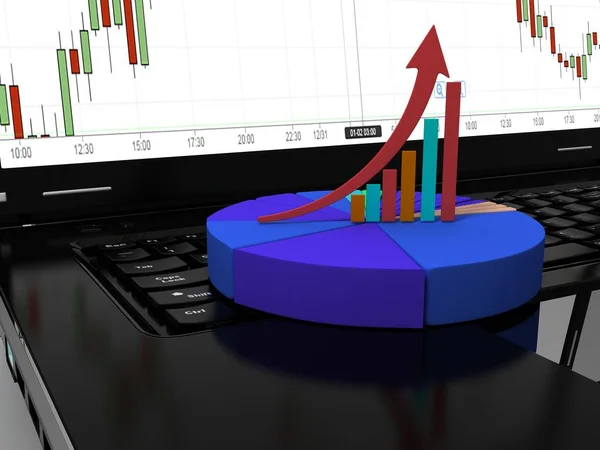 laptop with business or profits growth bar graph, 3d render