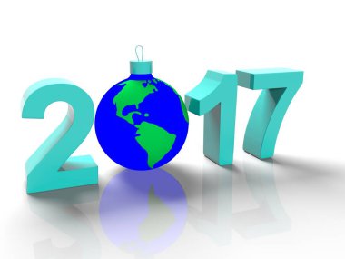 Noel ağacı, beyaz arka planda, 3d render planet Earth, form için bir oyuncak gibi yere görüntü ile 2017 rakamlar