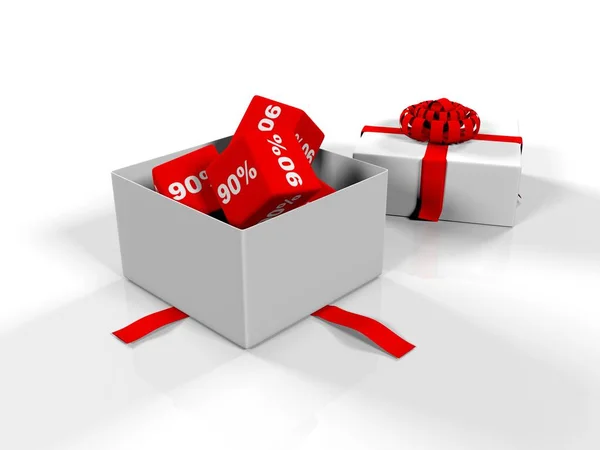 Gift box, cubes with the image of percent on a white background, 3d renderer, — Stock Photo, Image