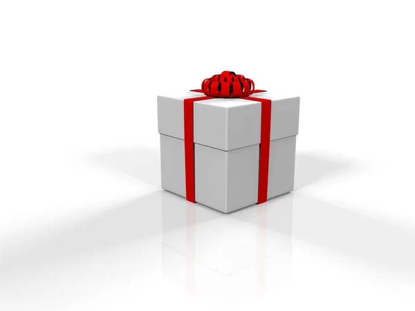 Caixa amarrada com fita vermelha no fundo branco, renderização 3d — Fotografia de Stock