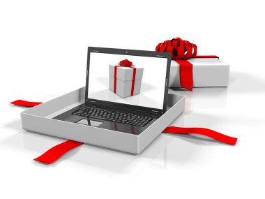Laptop bir hediye kutusu beyaz arka planda, 3d render