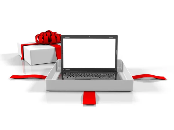 Laptop bir hediye kutusu beyaz arka planda, 3d render — Stok fotoğraf