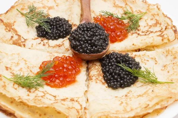 Crepes with black and red caviar — Stock Photo, Image