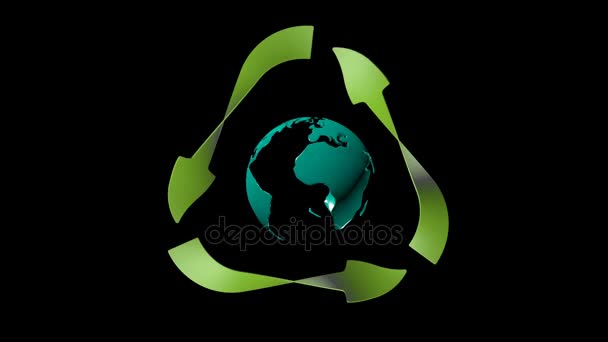Animation numérique de la Terre, se transforme en logo de recyclage — Video