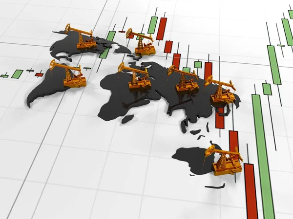 Zlaté Pumpjack olej na pozadí v okruhu kontinenty citoval burzy, 3d vykreslení — Stock fotografie