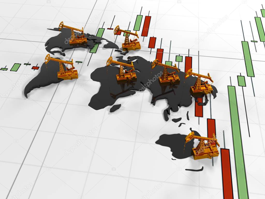 Gold Pumpjack oil on the background of the  in the circuit continents  quoted stock exchange, 3d render
