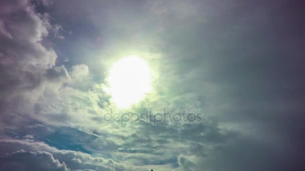 Vliegtuig vliegen door zonnige dag blue sky. — Stockvideo