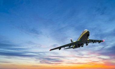 Arka planı bulutlar gökyüzünde uçak uçar