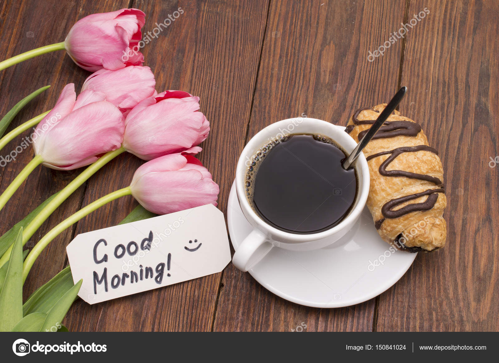 Cup of coffee, tulips and Good morning massage Stock Photo by ...
