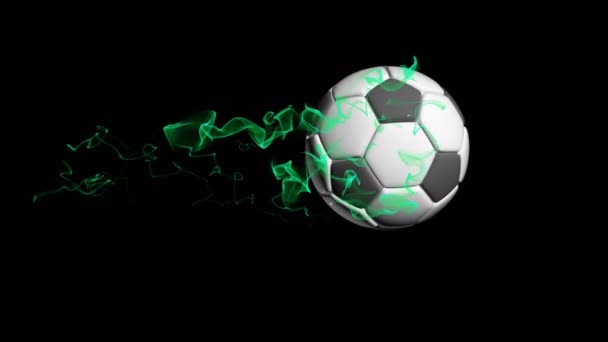 Balón de fútbol giratorio sobre fondo negro, lazo de vídeo, con canal alfa — Vídeo de stock
